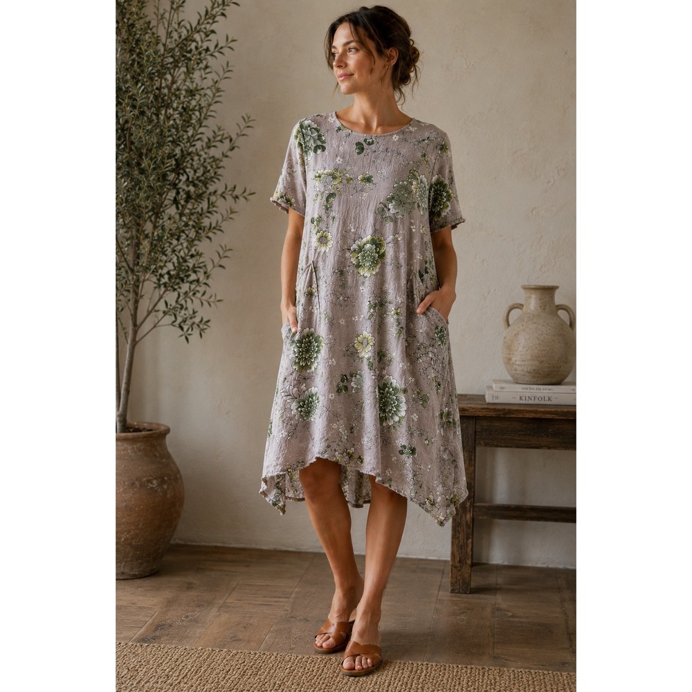 Made in‎ Italy Floral Cotton Tunic Dress Taupe Green Short Sleeve Pockets Medium